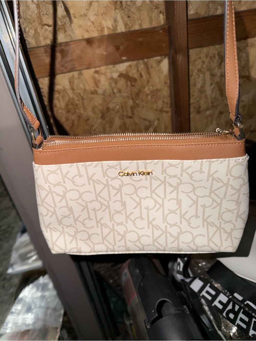 Calvin Klein Cream Logo Crossbody with Tan Trim